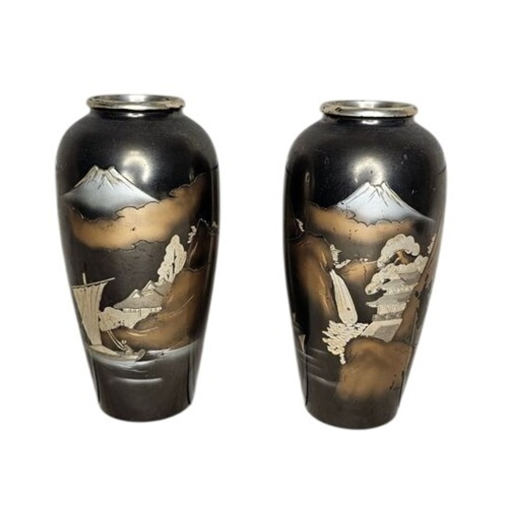 Vintage‎ Art Deco Black & Gold Metal Decorative Vases Set of 2 Oriental Style